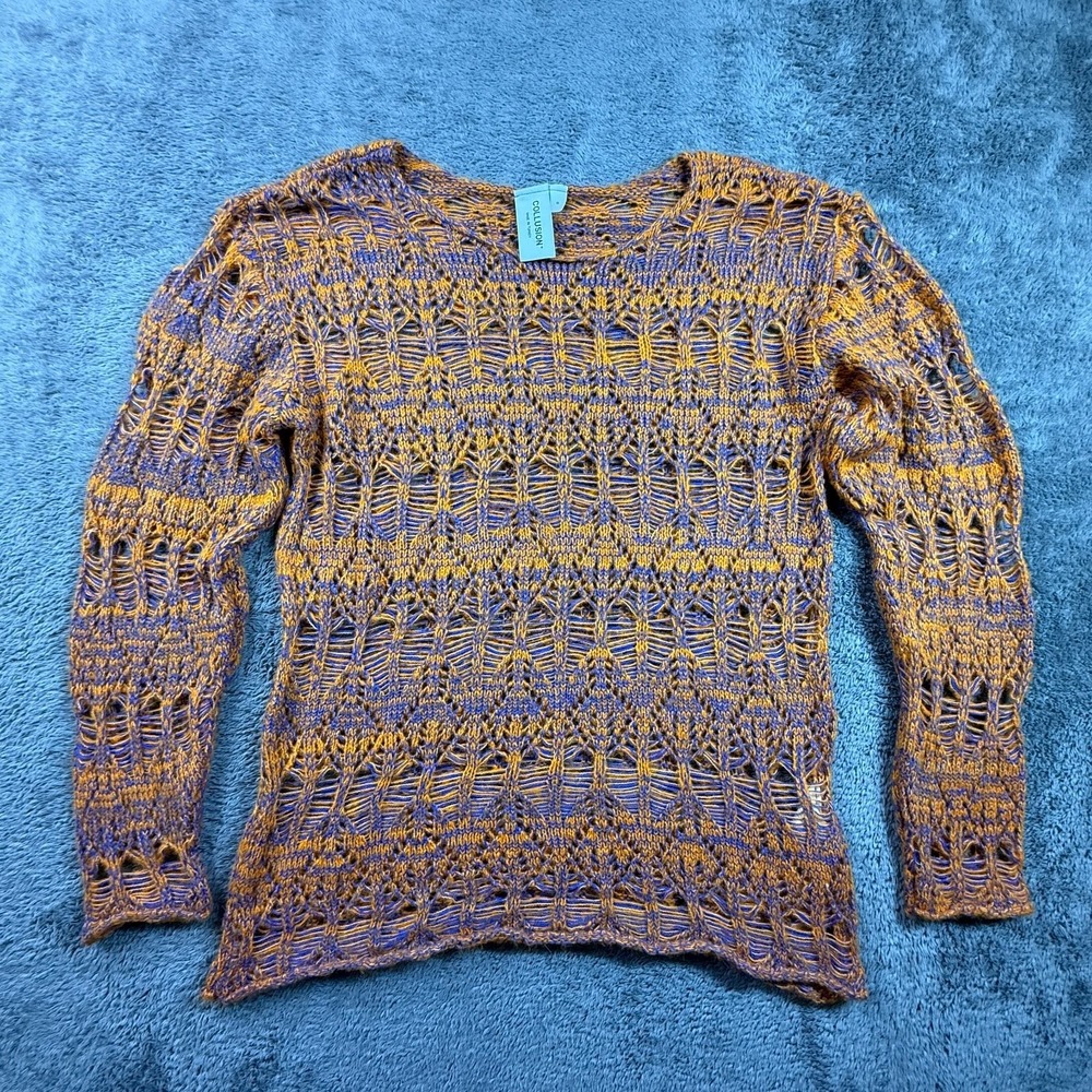 COLLUSION Womens S Open Knit Crochet Sweater Top Orange Purple Long Sleeve